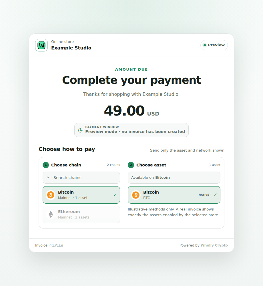 Wholly Crypto Checkout in sicherer Vorschau mit Bitcoin- und Token-Auswahl